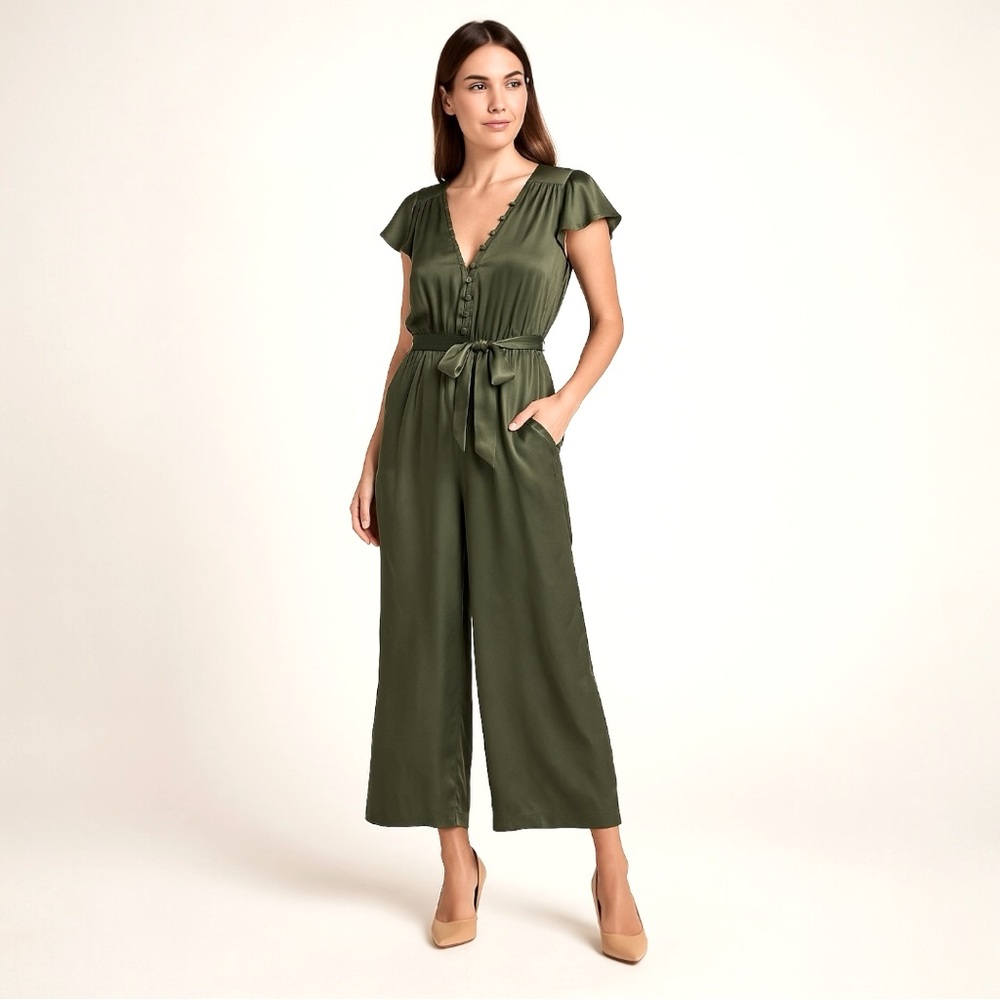Gypsy 05 Olive Silk Wide Leg Jumpsuit Belted V-Neck Boho Size S NWT